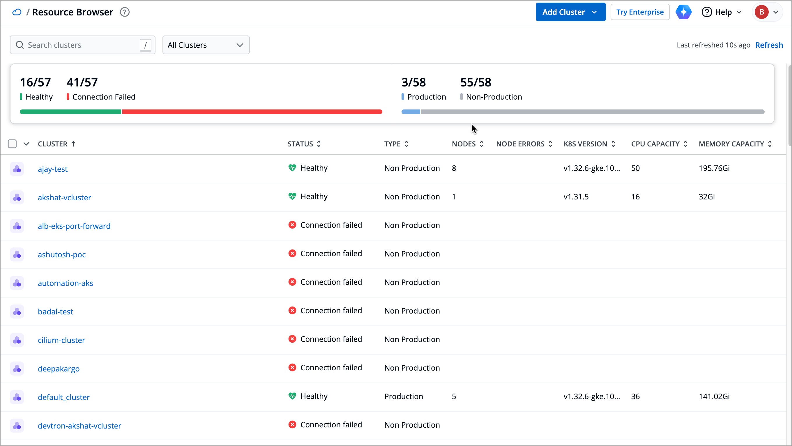 Figure 1: Devtron Resource Browser - List of Clusters