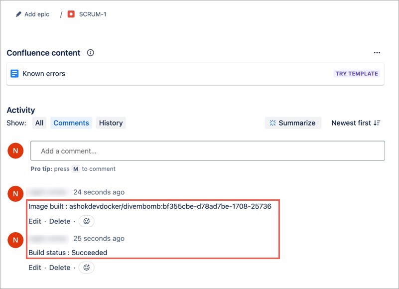 Figure 2: Comments added by the Plugin on the Jira Issue