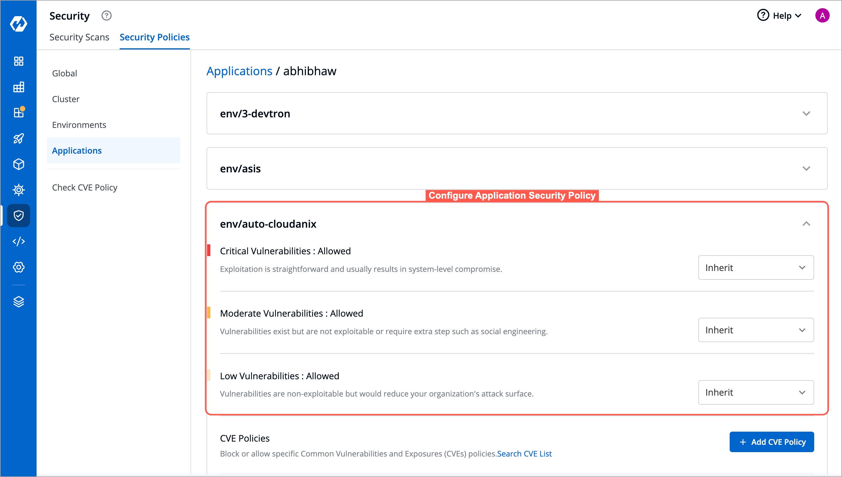 Figure 5b: Configuring Application Security Policy - Choosing an Env