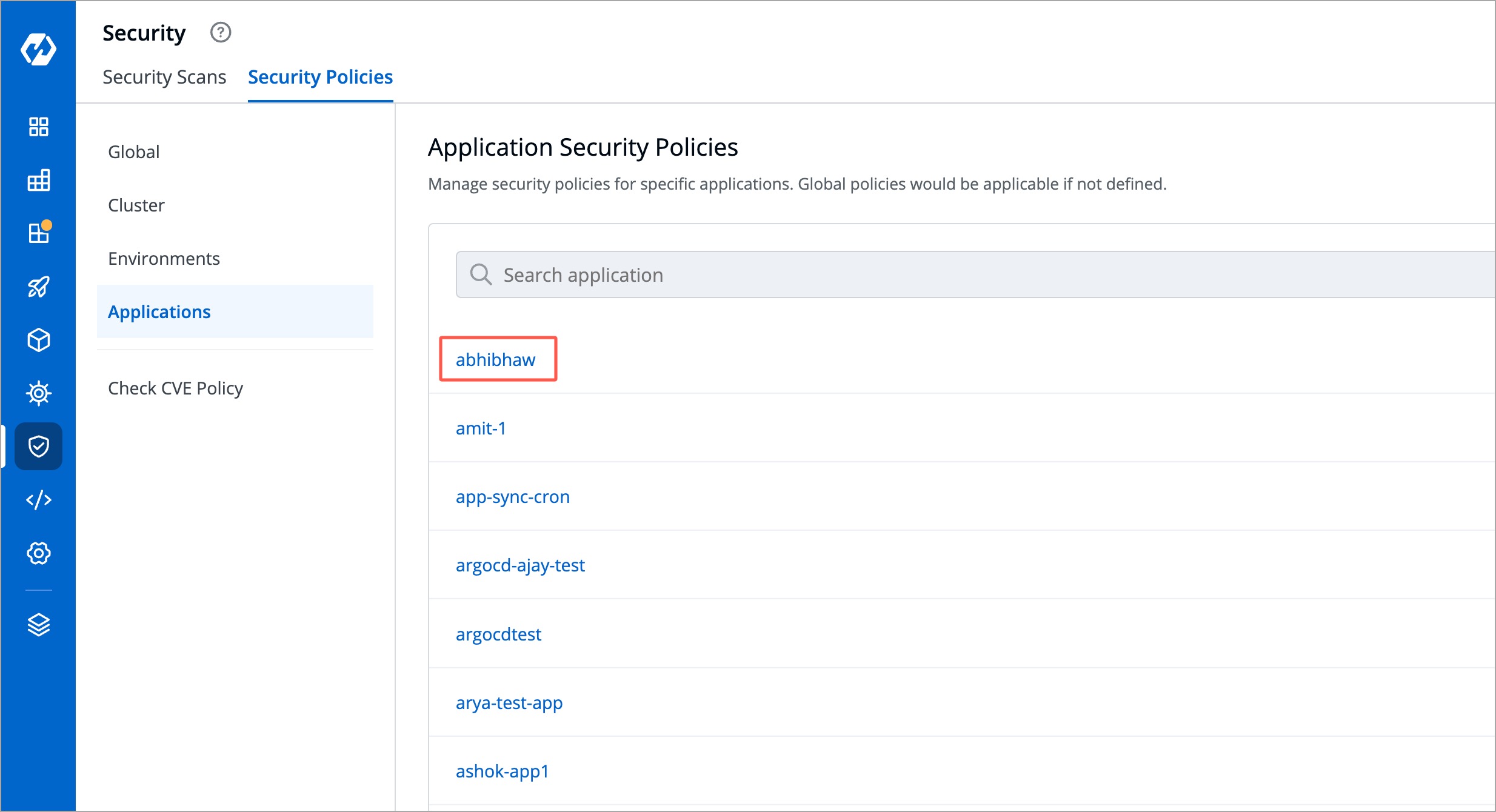 Figure 5a: Configuring Application Security Policy - Choosing an App