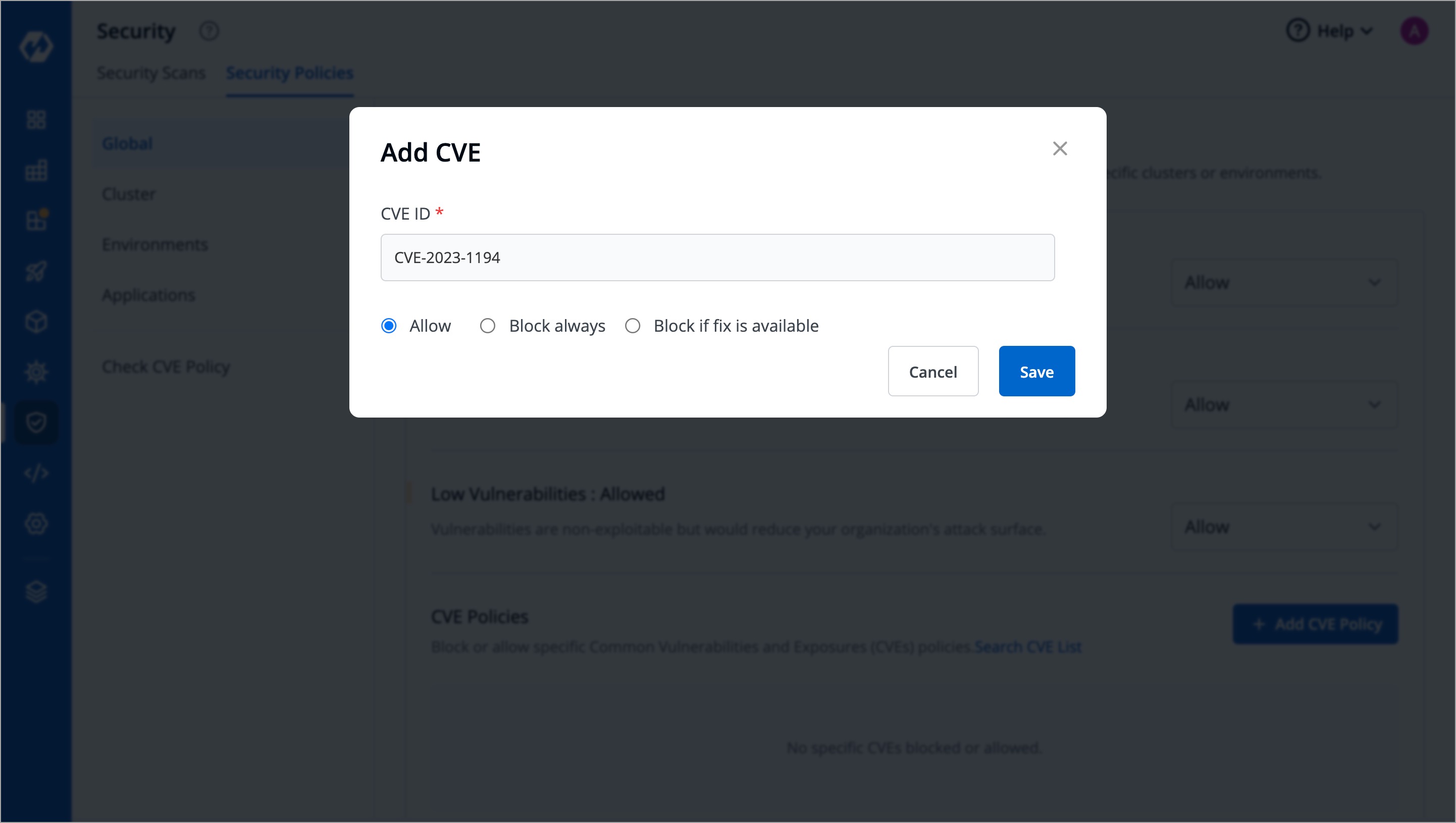 Figure 11: Allowing/Blocking a CVE ID